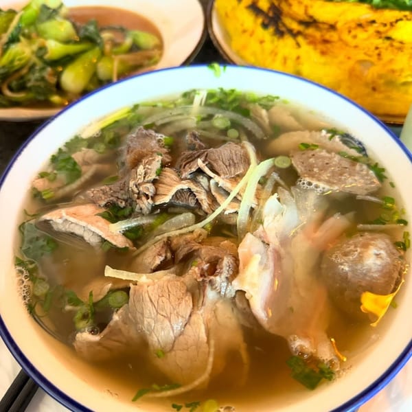A close-up of a bowl of Vietnamese pho with beef, onions, and green herbs.